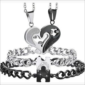 Stainless Steel Couples Matching Heart Pendant Bracelets Necklaces Set